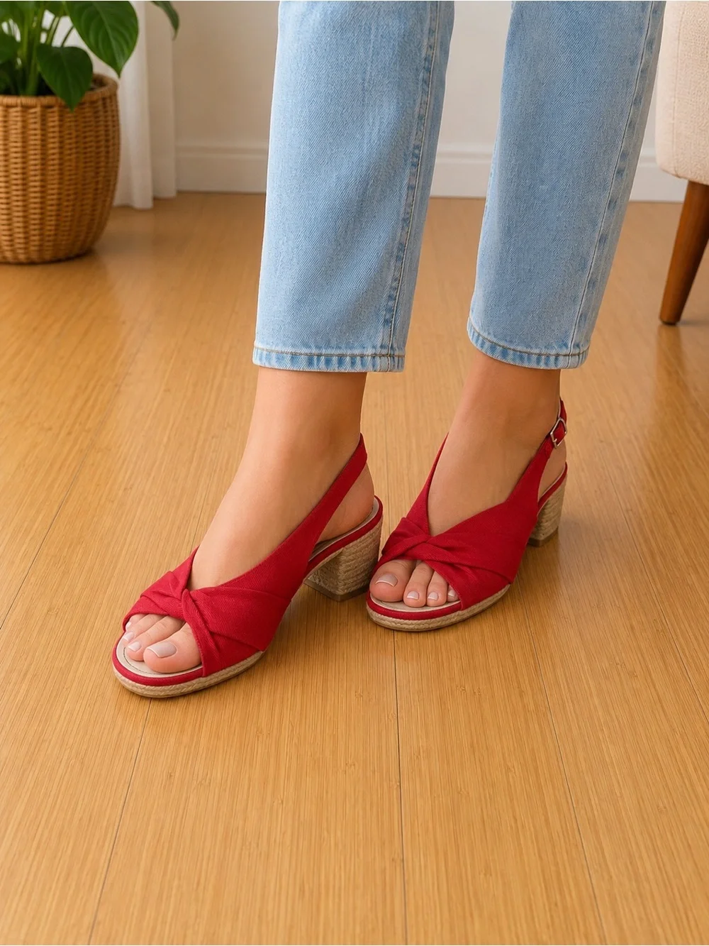 Red Slingback Knot Espadrille Heels - Women Shoes
